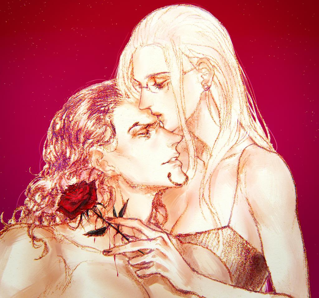 1boy 1girl commentary_request earrings facial_hair flower glasses goatee hair_slicked_back holding holding_flower jewelry kalifa_(one_piece) long_hair one_piece pearl_earrings red_background red_flower red_rose rob_lucci rose simple_background smdsqi topless_male upper_body