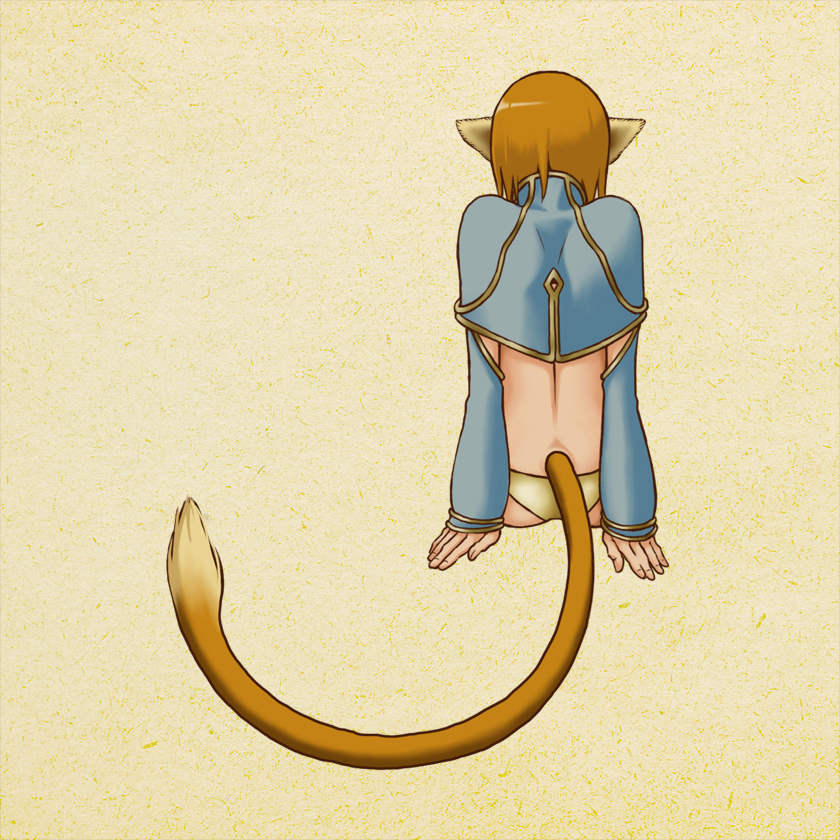 1girl alphabet animal_ears back bad_id bad_pixiv_id bikini bikini_top_only brown_hair female_focus genderswap genderswap_(mtf) journey_to_the_west letter_pose monkey_ears monkey_tail panties short_hair sitting solo sun_wukong swimsuit tail underwear yuuhei