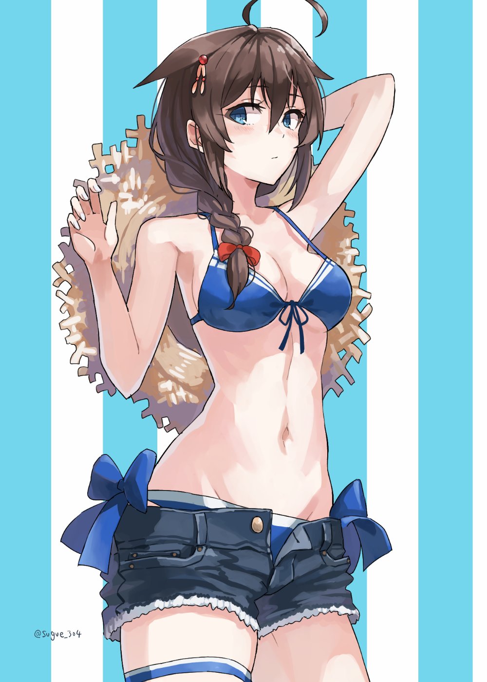 1girl bikini black_hair black_shorts blue_bikini blue_eyes braid breasts cleavage commentary_request cowboy_shot cutoffs denim denim_shorts front-tie_bikini_top front-tie_top hair_between_eyes hair_flaps hair_over_shoulder hat highres kantai_collection long_hair medium_breasts official_alternate_costume open_fly shigure_(kancolle) shigure_kai_san_(kancolle) shigure_kai_san_(swimsuit)_(kancolle) shorts side-tie_bikini_bottom single_braid solo straw_hat striped_background sugue_tettou swimsuit