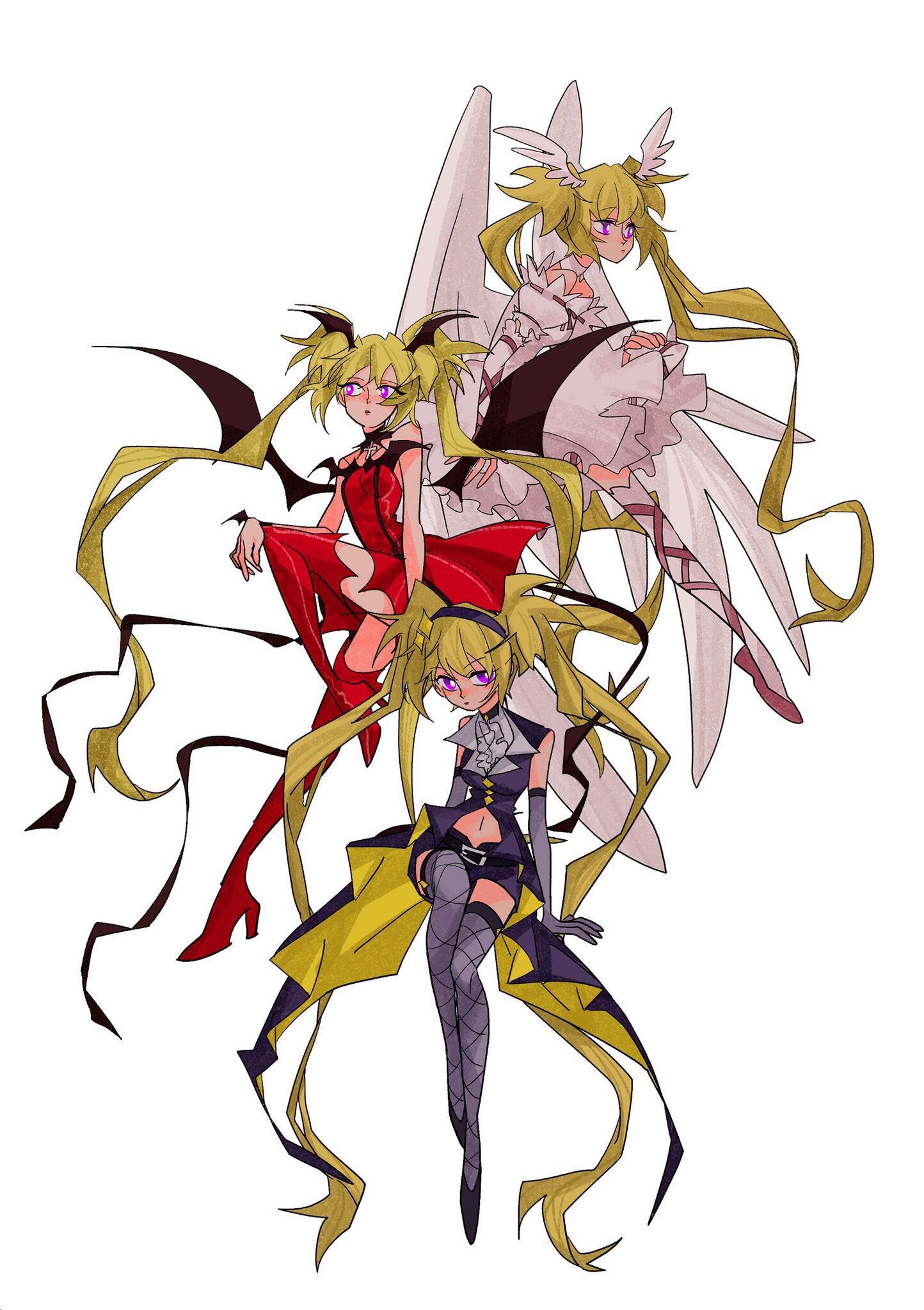 1girl blonde_hair boots commentary_request dark_jewel dress elbow_gloves full_body gloves high_heel_boots high_heels highres hoshina_utau long_sleeves looking_at_viewer looking_to_the_side lunatic_charm purple_eyes red_dress seraphic_charm shugo_chara! simple_background sleeveless twintails white_background white_wings wings yuzikoz_mega