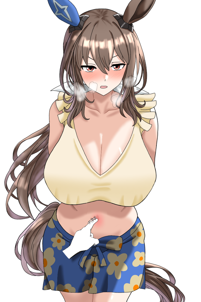 1girl 1other admire_vega_(umamusume) alternate_costume animal_ears blue_skirt blush breasts brown_eyes cleavage commission cowboy_shot cropped_shirt disembodied_hand floral_print glaring hair_between_eyes haiwo highres holding_own_arm horse_ears horse_girl horse_tail jitome large_breasts long_hair navel pixiv_commission ponytail short_sleeves simple_background skirt stomach tail textless_version tickling tickling_navel umamusume white_background