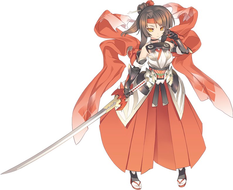 1girl agarest_senki_(series) agarest_senki_mariage armor blade_(galaxist) brown_hair choker female_focus full_body gloves hair_ornament hairpin hakama hakama_skirt headband holding holding_sword holding_weapon japanese_armor japanese_clothes long_hair obi official_art saika_(agarest_senki) sash serious simple_background skirt solo sword tabi transparent_background weapon white_background yellow_eyes