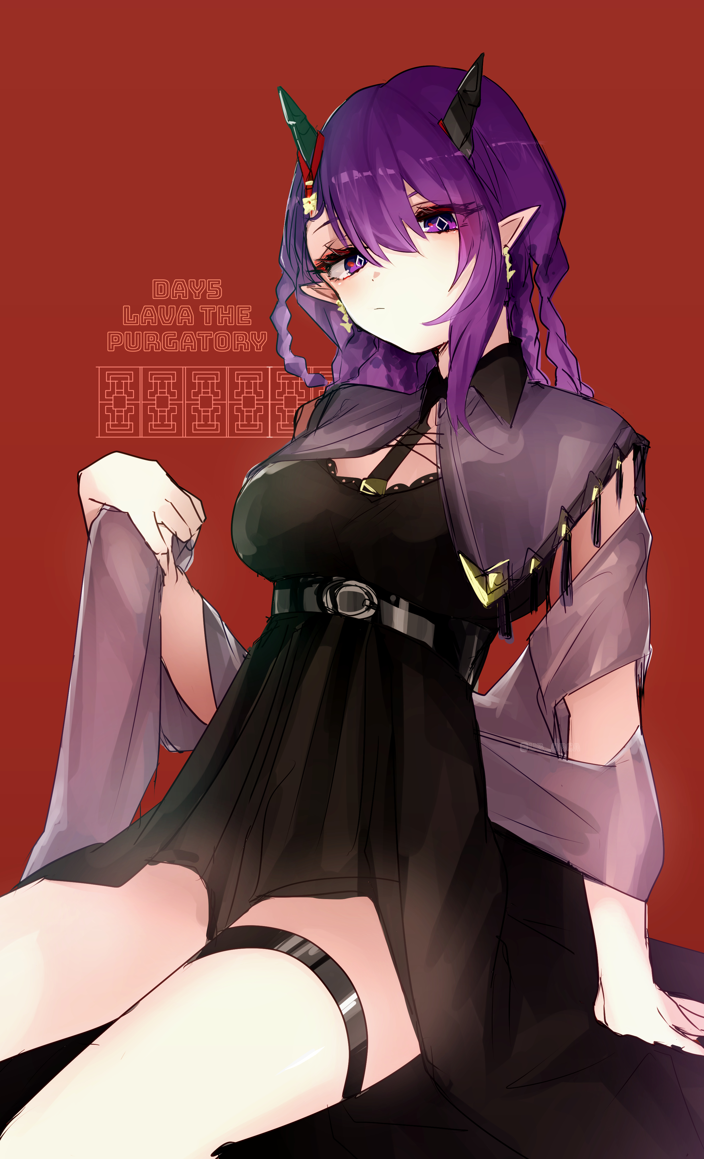 1girl absurdres arknights black_dress black_horns braid breasts chest_belt closed_mouth cowboy_shot dress earrings highres horns jewelry lava_(arknights) lava_the_purgatory_(arknights) lava_the_purgatory_(dusk_wisteria)_(arknights) long_hair looking_at_viewer official_alternate_costume pointy_ears purple_eyes purple_hair renka_(renxka) solo thigh_strap