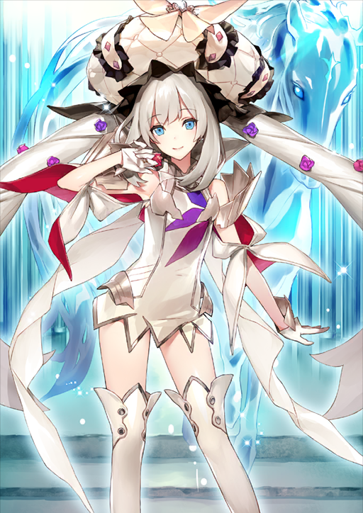 1girl bare_arms bare_shoulders blue_background blue_eyes boots breasts closed_mouth contrapposto dress elemental_(creature) fate/grand_order fate_(series) feet_out_of_frame ginka_sima gloves guillotine_breaker hand_up hat horse legs_apart long_hair looking_at_viewer marie_antoinette_(fate) marie_antoinette_(third_ascension)_(fate) official_art short_dress sidelocks sleeveless sleeveless_dress smile solo sparkle standing thigh_boots third-party_source twintails very_long_hair water_elemental white_boots white_dress white_gloves white_hair white_hat