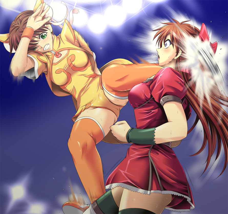 2girls attack boots bow brown_hair bun_cover digdug006 double_bun dress green_eyes hair_bow hair_ribbon kanamori_reiko kicking leotard long_hair multiple_girls mutou_megumi open_mouth orange_legwear pain purple_eyes red_bow ribbon saliva short_hair skirt sweat thigh_boots thighhighs wrestle_angels wrestle_angels_survivor wrestling wrestling_outfit