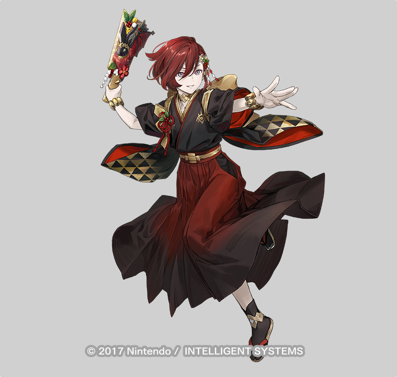 1boy animal_ears azu-taro bat_ears black_socks circlet elm_(fire_emblem) elm_(new_year)_(fire_emblem) emblem fire_emblem fire_emblem_heroes full_body grey_background hagoita hair_over_one_eye japanese_clothes kimono male_focus nintendo official_art paddle red_hair rope sandals shimenawa smile socks solo tabi teeth trap zouri
