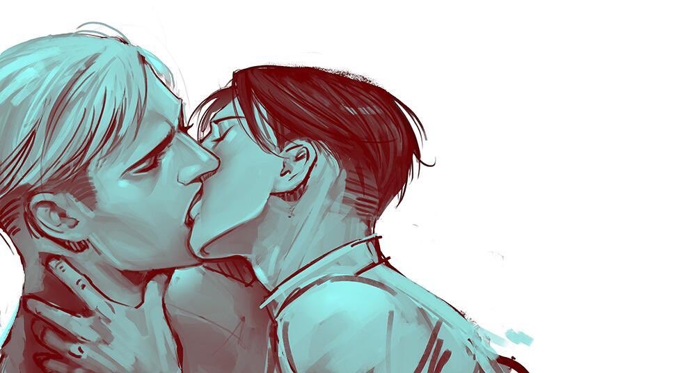 2boys arm_up closed_eyes collared_shirt commentary couple english_commentary erwin_smith hand_on_another&#039;s_neck leaning leaning_forward levi_(shingeki_no_kyojin) limited_palette male_focus mistermagnolia multiple_boys profile shingeki_no_kyojin shirt short_hair simple_background upper_body white_background yaoi