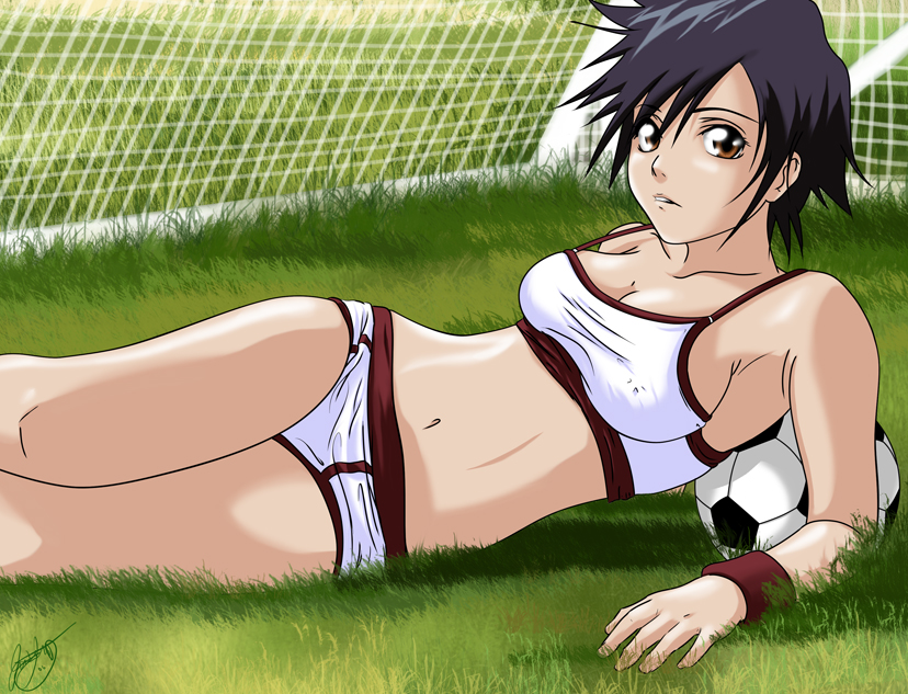00s 1girl arisawa_tatsuki ball black_hair bleach bra breasts briefs brown_eyes classic_fly_briefs cleavage female_focus grass jon_kneeland lingerie lying male_underwear medium_breasts midriff navel net on_side short_hair sideboob signature soccer soccer_ball solo sports_bra telstar tomboy underwear wristband