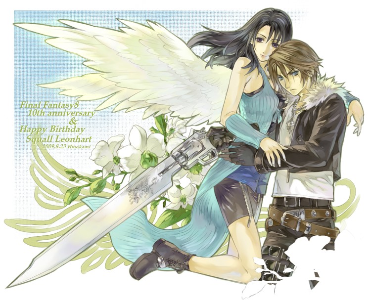 1boy 1girl anniversary arm_ribbon arms_around_waist artist_name belt bike_shorts bike_shorts_under_skirt black_belt black_eyes black_footwear black_gloves black_hair black_jacket black_pants black_ribbon black_shorts black_tank_top blue_eyes blue_skirt boots brown_belt brown_hair chain chain_necklace character_name commentary_request copyright_name couple cropped_jacket cropped_legs dated dated_commentary detached_sleeves english_text feathered_wings final_fantasy final_fantasy_viii flower fur-trimmed_jacket fur_trim gloves gunblade hair_over_shoulder happy_birthday hetero hinokami holding holding_weapon jacket jewelry knee_up light_smile long_hair long_sleeves looking_to_the_side miniskirt multiple_belts necklace open_clothes open_jacket pants pendant ribbon ring ring_necklace rinoa_heartilly scar scar_on_face serious shirt short_hair shorts skirt sleeveless_duster squall_leonhart studded_belt tank_top thigh_strap v-neck weapon white_flower white_fur white_shirt white_wings wings