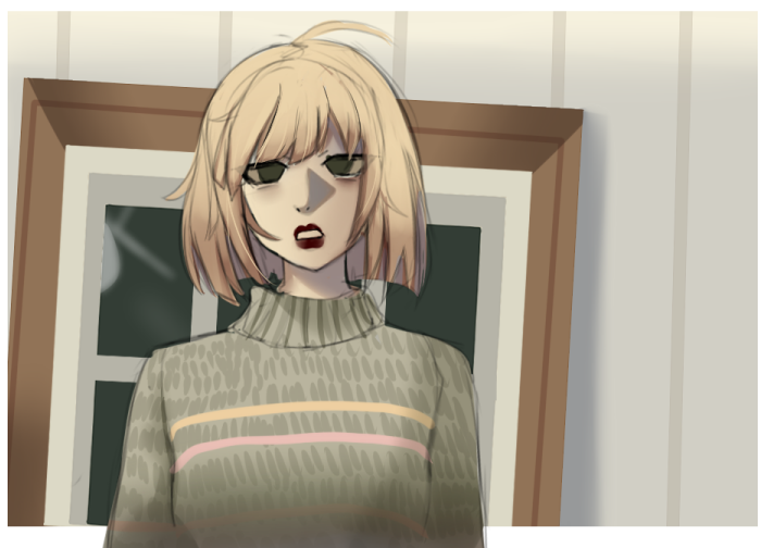 1girl ahoge blunt_ends bob_cut commentary empty_eyes english_commentary fridaycarnage green_eyes i_feel_fantastic indoors lipstick looking_at_viewer makeup open_mouth short_hair solo sweater tara_the_android upper_body window