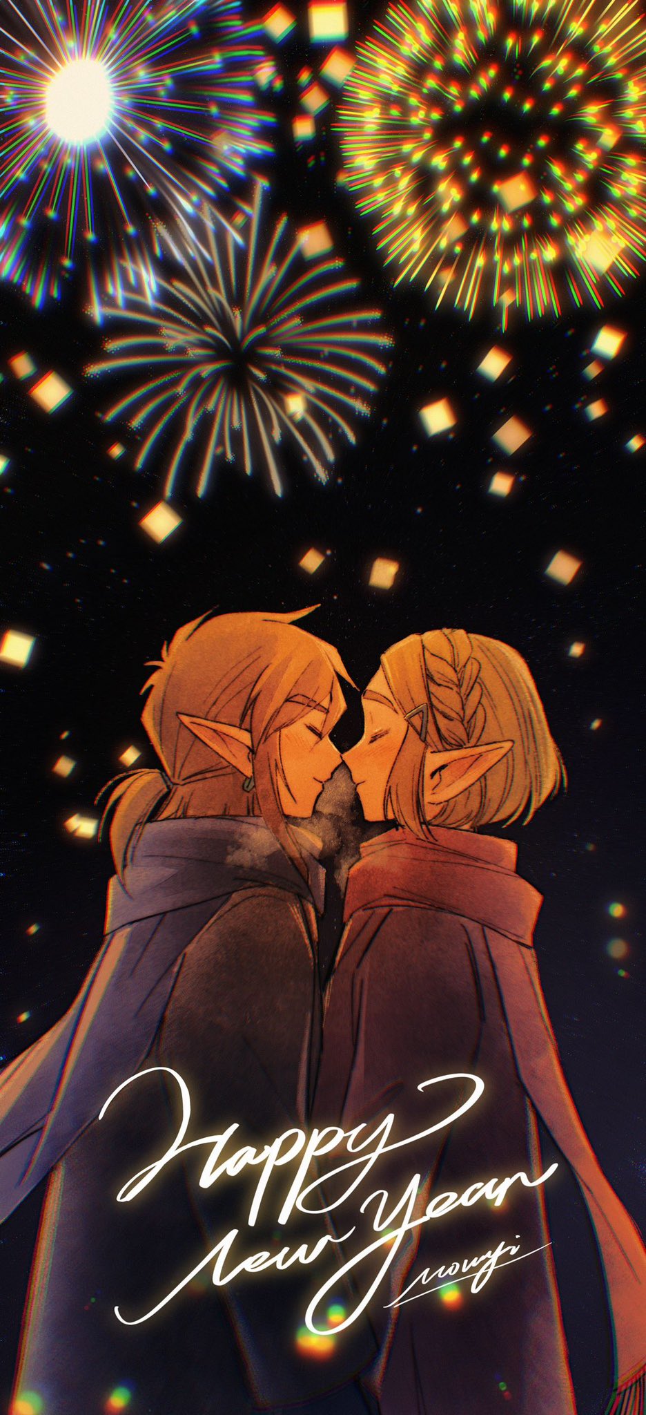 1boy 1girl artist_name black_background blonde_hair blue_scarf blush braid brown_coat closed_eyes coat couple crown_braid earrings fireworks hair_between_eyes hair_ornament hairclip happy_new_year hetero highres holding_hands jewelry link low_ponytail medium_hair mouyi new_year nintendo noses_touching parted_bangs pointy_ears ponytail princess_zelda red_scarf scarf short_hair sidelocks steam_from_mouth the_legend_of_zelda the_legend_of_zelda:_tears_of_the_kingdom upper_body
