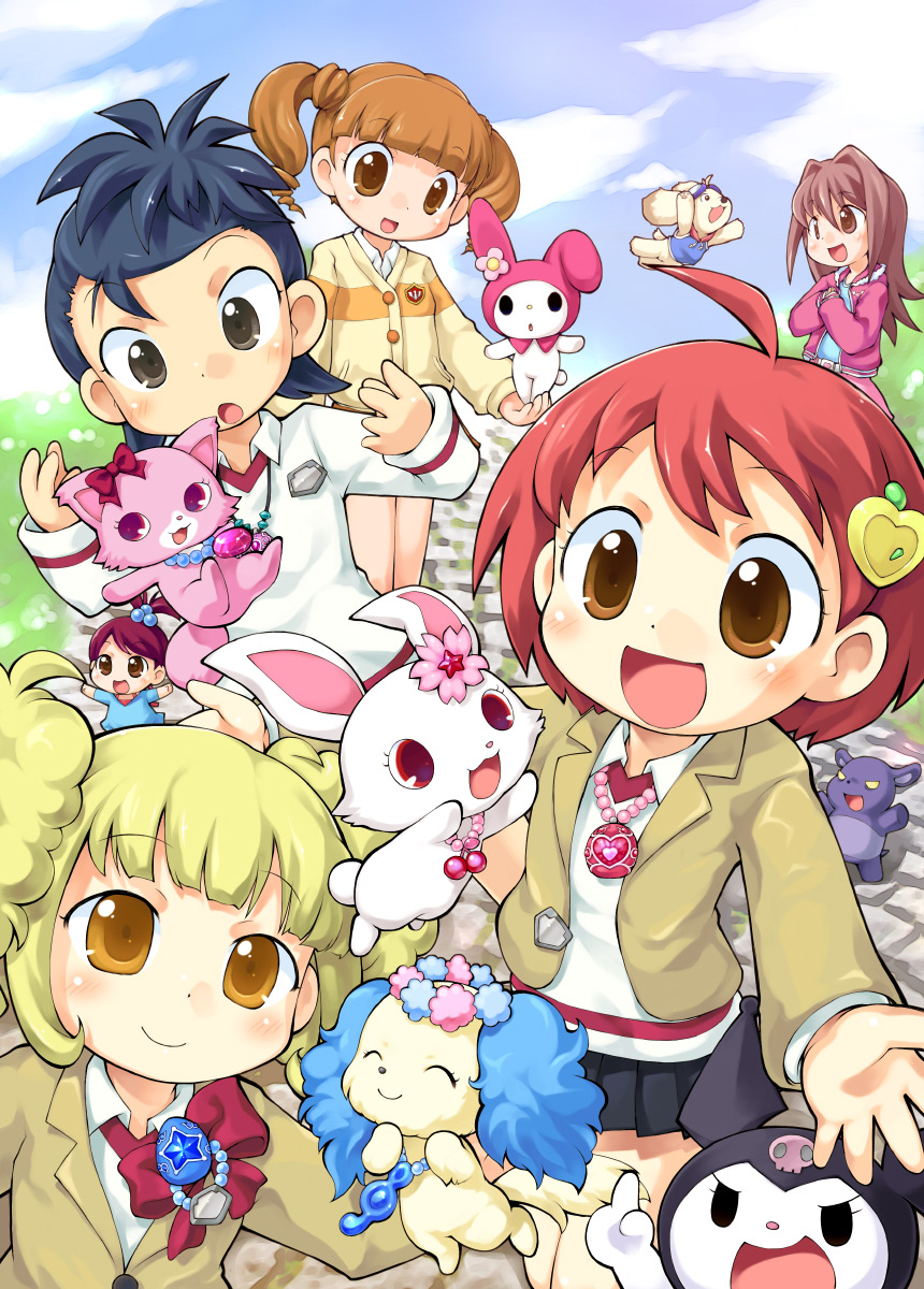 00s 6+girls :o ^_^ ahoge arisugawa_aoi asaoka_minami bad_id bad_pixiv_id baku_(onegai_my_melody) beads black_eyes blonde_hair blue_hair blunt_bangs blush brown_eyes brown_hair cat character_request child closed_eyes cloud crossover day dog drill_hair everyone garnet_(jewelpet) hair_bobbles hair_intakes hair_ornament happy high_ponytail highres holding hoshizuki_kirara inuyama_rumi jacket jewelpet jewelpet_(series) jewelry kougyoku_rinko kuromi mini_person minigirl multiple_girls my_melody necklace onegai_my_melody onegai_my_melody_kirara open_mouth orange_eyes outdoors pendant pink_eyes pink_hair pleated_skirt ponytail rabbit red_hair ribbon ruby_(jewelpet) sakurabe_notos sanrio sapphie_(jewelpet) school_uniform short_hair short_twintails skirt skull sky smile surprised tetsunoshin twin_drills twintails wan_wan_serepu_soreyuke!_tetsunoshin yumeno_uta