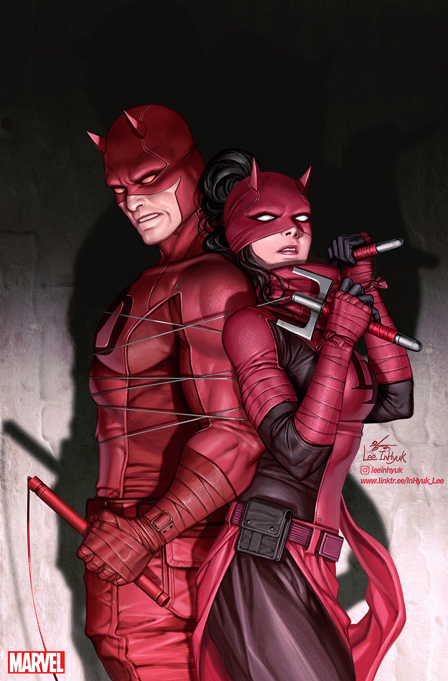 1boy 1girl black_hair bodysuit breasts daredevil drawing elektra elektra_natchios gloves highres holding horns in-hyuk_lee long_hair marvel mask sai_(weapon) scarf superhero_costume weapon