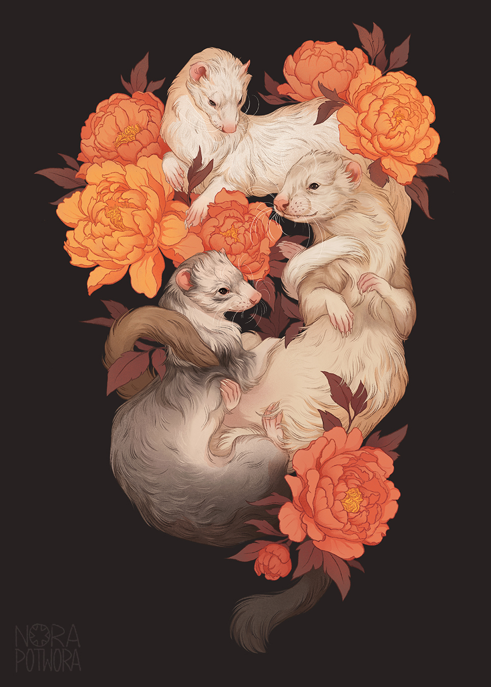 animal animal_focus artist_logo artist_name closed_mouth dark_background ferret floating flower full_body highres logo looking_down looking_to_the_side no_humans norapotwora original simple_background