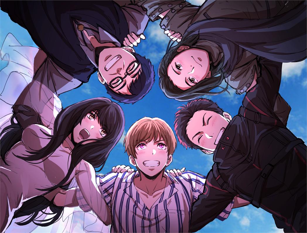 1girl 4boys black_hair black_jacket black_pants blue_sky book boots brown_hair brown_pants coat commentary_request crossed_arms food green_eyes green_jacket grin hat huddle jacket kamen_rider kamen_rider_zi-o_(series) light_smile long_coat mido_(byebyebye03) multiple_boys myoukouin_geiz pants pink_eyes pink_jacket pink_scarf red_eyes scarf shirt short_hair sky smile striped_clothes striped_shirt tokiwa_junichirou tokiwa_sougo trench_coat trinity_riderwatch tsukuyomi_(zi-o) watch woz_(kamen_rider_zi-o) wristwatch