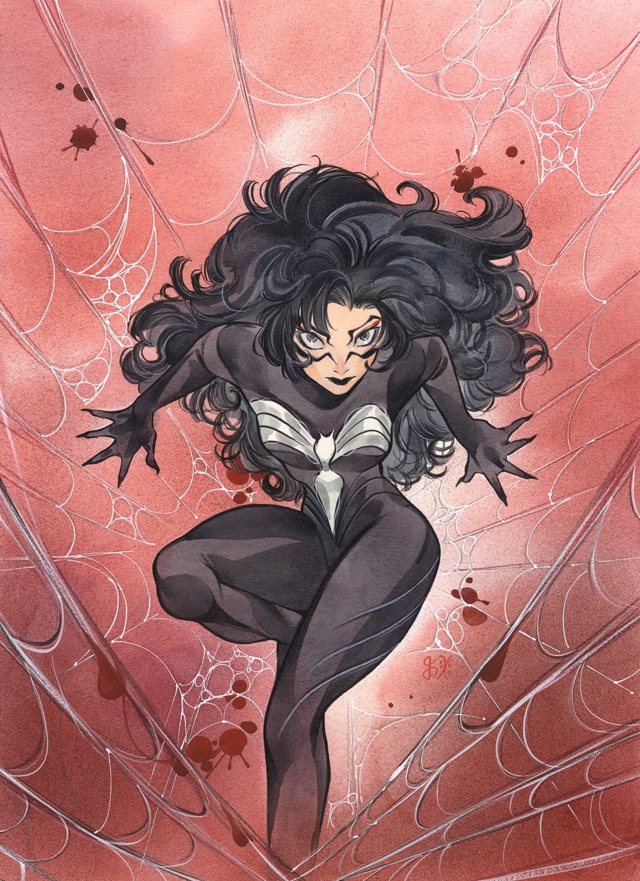 1girl alternate_costume animal_print big_hair black_bodysuit black_hair black_lips bodysuit claws expressionless eyeshadow facial_mark feet_out_of_frame fingernails full_body grey_eyes hand_on_wall hands_up highres in_web jessica_drew knee_up leg_up lipstick long_fingernails long_hair looking_at_viewer makeup marvel official_art peach_momoko red_background red_eyeshadow sharp_fingernails silk solo spider-woman spider_print spider_web spider_web_background splatter superhero_costume symbiote