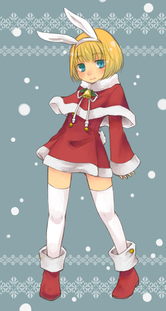 1boy :3 animal_ears armin_arlert bell blue_eyes capelet closed_mouth crossdressing dress fake_animal_ears full_body long_sleeves looking_at_viewer red_capelet red_shoes ribbon santa_costume santa_dress shingeki_no_kyojin shoes short_hair thighhighs trap white_ribbon white_thighhighs yoya_torisan