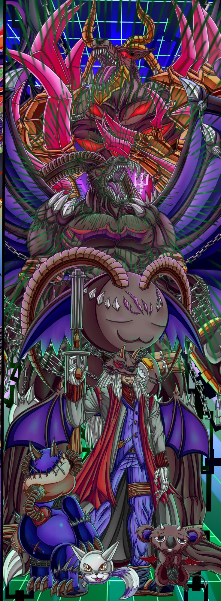 astamon belphemon belphemon_rage_mode belphemon_sleep_mode belphemon_x-antibody cape caprimon digimon digimon_(creature) gun heart highres horns looking_at_viewer mask phascomon porcupamon weapon wings