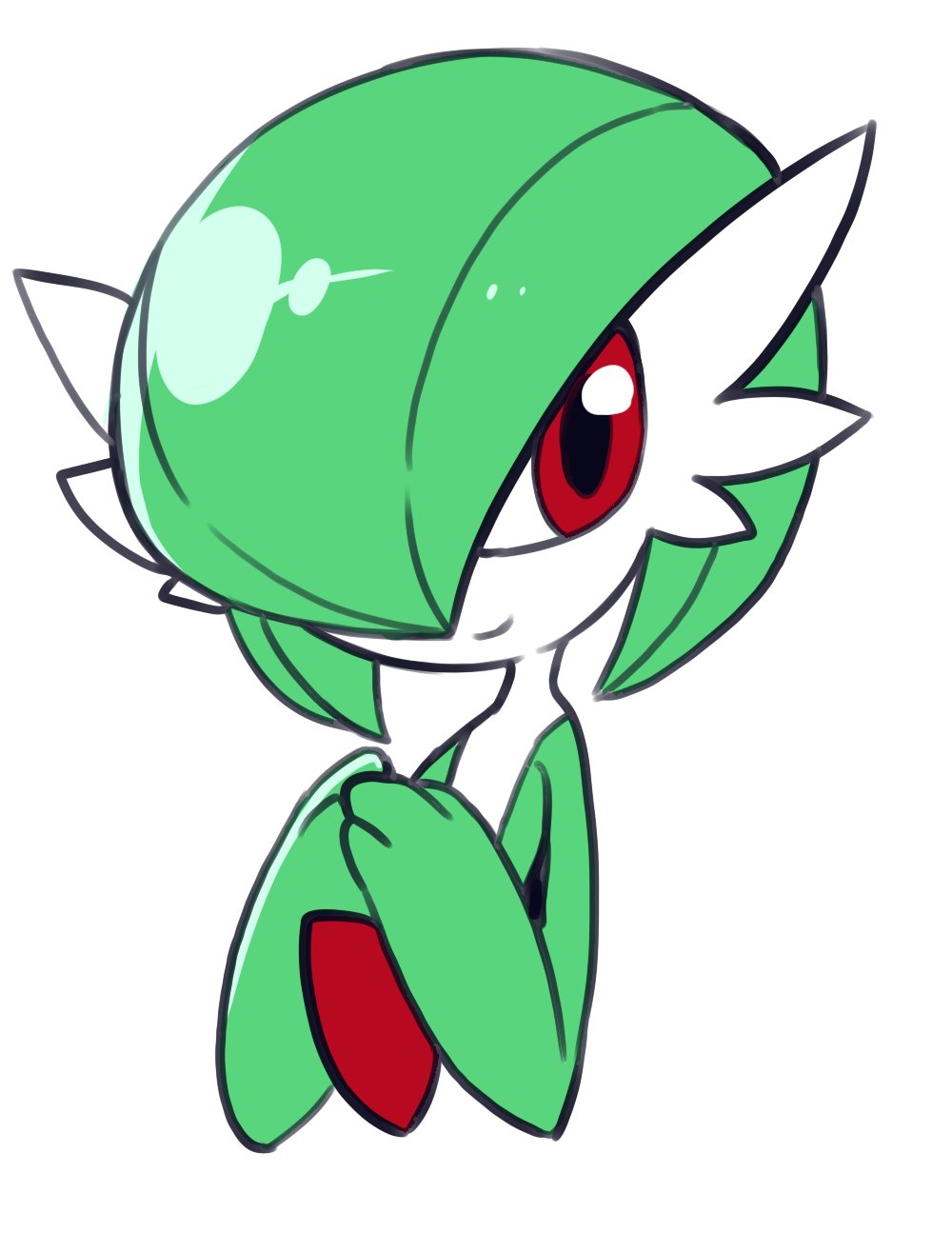 bob_cut colored_skin gardevoir gen_3_pokemon green_hair green_skin hair_over_one_eye highres multicolored_skin nintendo own_hands_together pokemon pokemon_(creature) red_eyes simple_background smile tanpopo_hayabusa-maru two-tone_skin white_background white_skin