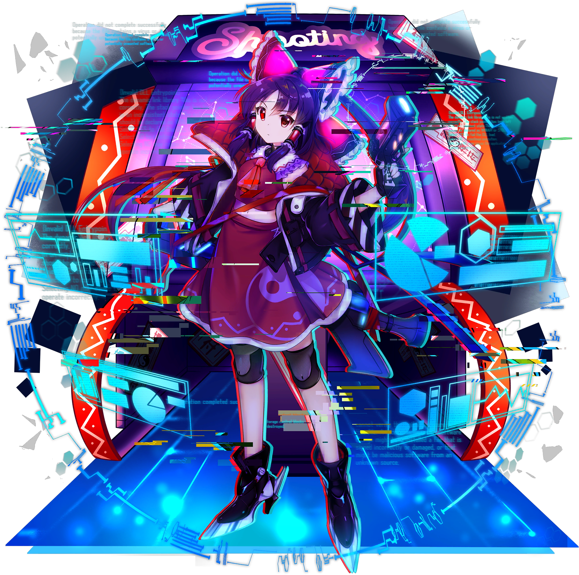 1girl adapted_costume ascot black_gloves black_jacket black_shoes black_sleeves bow brown_eyes brown_hair closed_mouth fingerless_gloves full_body game_cg gloves gun hair_bow hair_tubes hakurei_reimu hakurei_reimu_(lunar_war_shaman) highres holding holding_gun holding_weapon hologram jacket looking_at_viewer medium_hair navel official_art ofuda open_clothes open_jacket red_bow red_shirt red_skirt rotte_(1109) science_fiction shirt shoes sidelocks skirt solo third-party_source touhou touhou_lostword transparent_background weapon yin_yang yin_yang_print