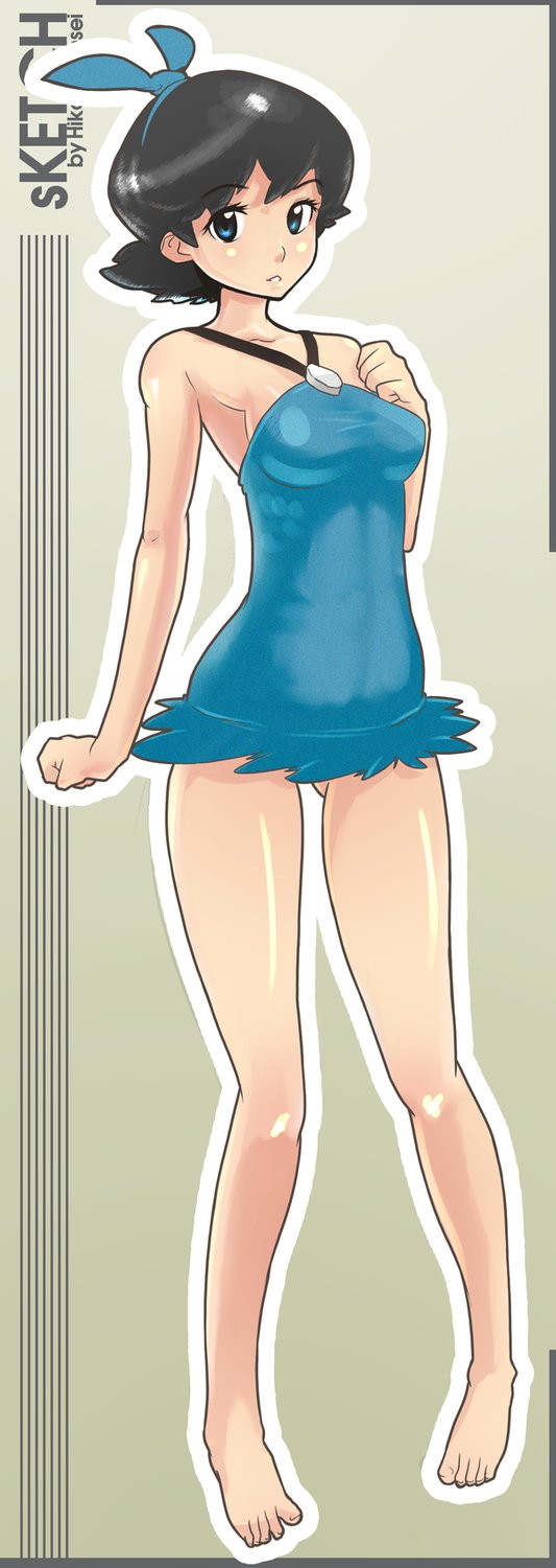 1girl artist_request bare_legs bare_shoulders barefoot betty_rubble black_hair blue_dress blue_eyes breasts dress female_focus full_body highres looking_at_viewer microdress no_bra outline pigeon-toed short_hair simple_background sleeveless sleeveless_dress small_breasts smile solo standing the_flintstones white_outline
