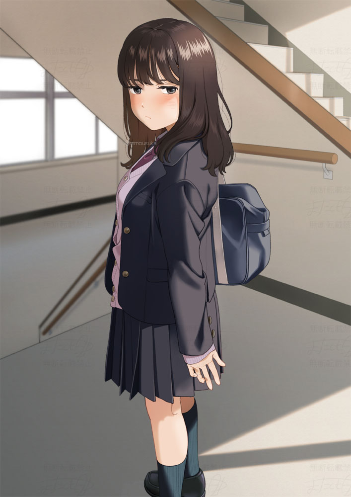 1girl bag black_jacket black_shoes black_skirt blush breasts brown_eyes brown_hair cardigan commentary jacket kneehighs loafers long_hair looking_at_viewer mattaku_mousuke necktie open_clothes open_jacket original pleated_skirt pout purple_cardigan red_necktie school_bag school_uniform shoes shoulder_bag skirt small_breasts socks solo stairs twitter_username