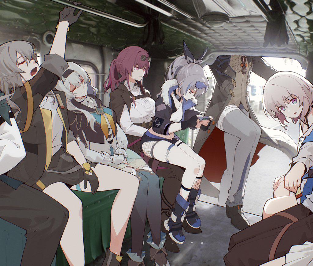 3boys 6+girls arm_up bandages_over_clothes black_coat black_gloves black_hairband black_jacket black_pants black_shoes black_shorts black_skirt blade_(honkai:_star_rail) breasts car_interior chinese_clothes closed_eyes closed_mouth coat commentary cropped_jacket dan_heng_(honkai:_star_rail) dan_heng_(hunt)_(honkai:_star_rail) day drill_hair drill_ponytail english_commentary eyewear_on_head fingerless_gloves firefly_(honkai:_star_rail) fishnet_socks fishnets fur-trimmed_jacket fur_trim glasses gloves green_thighhighs grey_eyes grey_hair grey_pants hair_between_eyes hairband handheld_game_console head_on_another&#039;s_shoulder himeko_(honkai:_star_rail) holding holding_handheld_game_console honkai:_star_rail honkai_(series) jacket jeepney jon_eve kafka_(honkai:_star_rail) large_breasts long_hair march_7th_(honkai:_star_rail) march_7th_(preservation)_(honkai:_star_rail) medium_breasts medium_hair multicolored_eyes multiple_boys multiple_girls neckerchief open_mouth orange_neckerchief out_of_frame pants photo_background pince-nez pink_hair playing_games ponytail purple-tinted_eyewear purple_eyes purple_hair shirt shoes shorts silver_wolf_(honkai:_star_rail) single_drill sitting sitting_on_lap sitting_on_person skirt sleeping smile socks spider_web_print spread_legs stelle_(honkai:_star_rail) sunlight thighhighs tinted_eyewear trailblazer_(honkai:_star_rail) two-tone_eyes vehicle_interior welt_yang white_shirt yawning