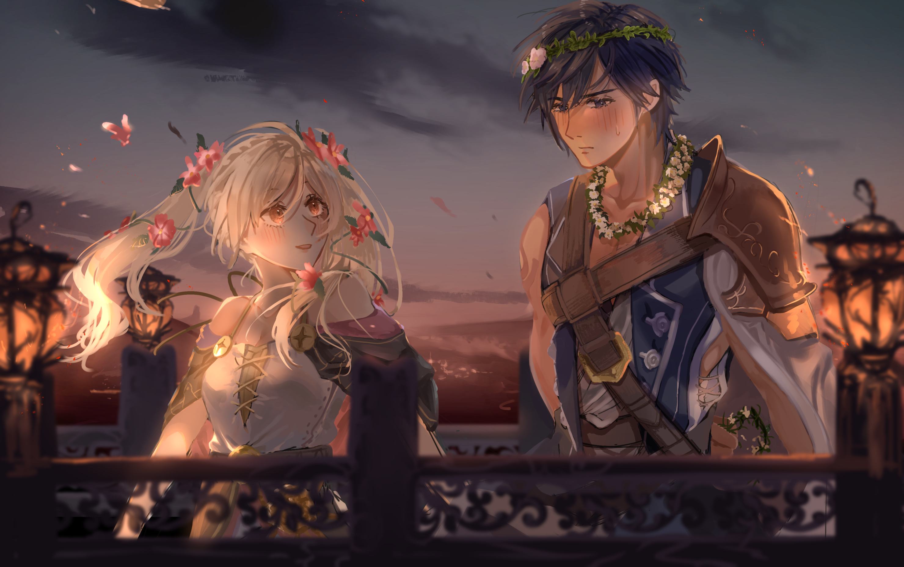 1boy 1girl arm_at_side arm_behind_back arm_tattoo arms_at_sides artist_request bare_arms bare_shoulders blue_eyes blue_hair blush breasts brown_eyes capelet chrom_(fire_emblem) cleavage couple dress embarrassed eyelashes falling_petals female_robin_(fire_emblem) female_robin_(valentine)_(fire_emblem) fire_emblem fire_emblem_awakening fire_emblem_heroes floating_hair flower flower_knot gift hair_flower hair_ornament halterneck happy height_difference highres holding holding_flower long_dress long_hair looking_at_another looking_to_the_side matching_hair/eyes medium_breasts neck official_alternate_costume outdoors parted_lips petals rope_belt short_hair sidelocks sky sleeveless sleeveless_dress smile spaghetti_strap standing sweatdrop swept_bangs tattoo toned toned_male turning_head twilight twintails upper_body white_hair