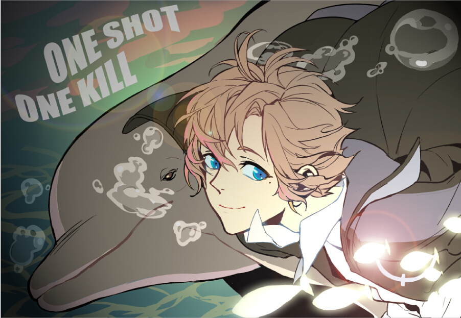 1boy air_bubble animal blonde_hair blue_eyes brown_hair bubble cape dolphin english_text gloves jiang_botao jokerplaner looking_at_viewer male_focus mole mole_under_eye quan_zhi_gao_shou smile solo underwater