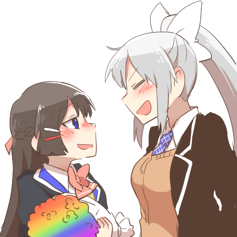 2girls black_hair black_jacket blazer blue_eyes blush_stickers bouquet bow braid brown_cardigan cardigan chibi closed_eyes collared_shirt facing_another flower from_side grey_hair hair_between_eyes hair_bow hair_ornament hairclip higuchi_kaede higuchi_kaede_(1st_costume) holding holding_bouquet jacket long_hair looking_at_another lowres multiple_girls necktie nijisanji open_clothes open_jacket pink_bow ponytail profile purple_necktie rainbow_gradient rebecca_(keinelove) shirt simple_background tsukino_mito tsukino_mito_(1st_costume) very_long_hair virtual_youtuber white_background white_bow white_shirt
