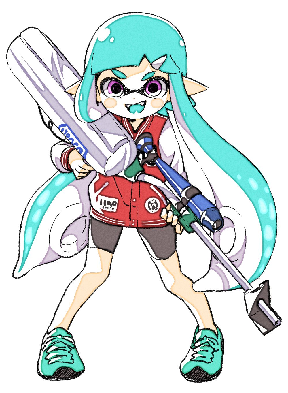 1girl aqua_hair aqua_shoes blunt_bangs colored_mouth dot_nose e-liter_3k_(splatoon) fangs full_body grey_shorts hand_up highres holding holding_weapon inkling inkling_girl inkling_player_character jacket letterman_jacket long_hair long_sleeves looking_ahead looking_at_viewer nintendo open_mouth pigeon-toed pink_eyes pointy_ears red_jacket scope sen_squid shoes shorts sidelighting simple_background sneakers solo splatoon_(series) splatoon_1 standing straight-on tachi-e third-party_source twintails two-handed very_long_hair watercolor_effect weapon white_background white_sleeves