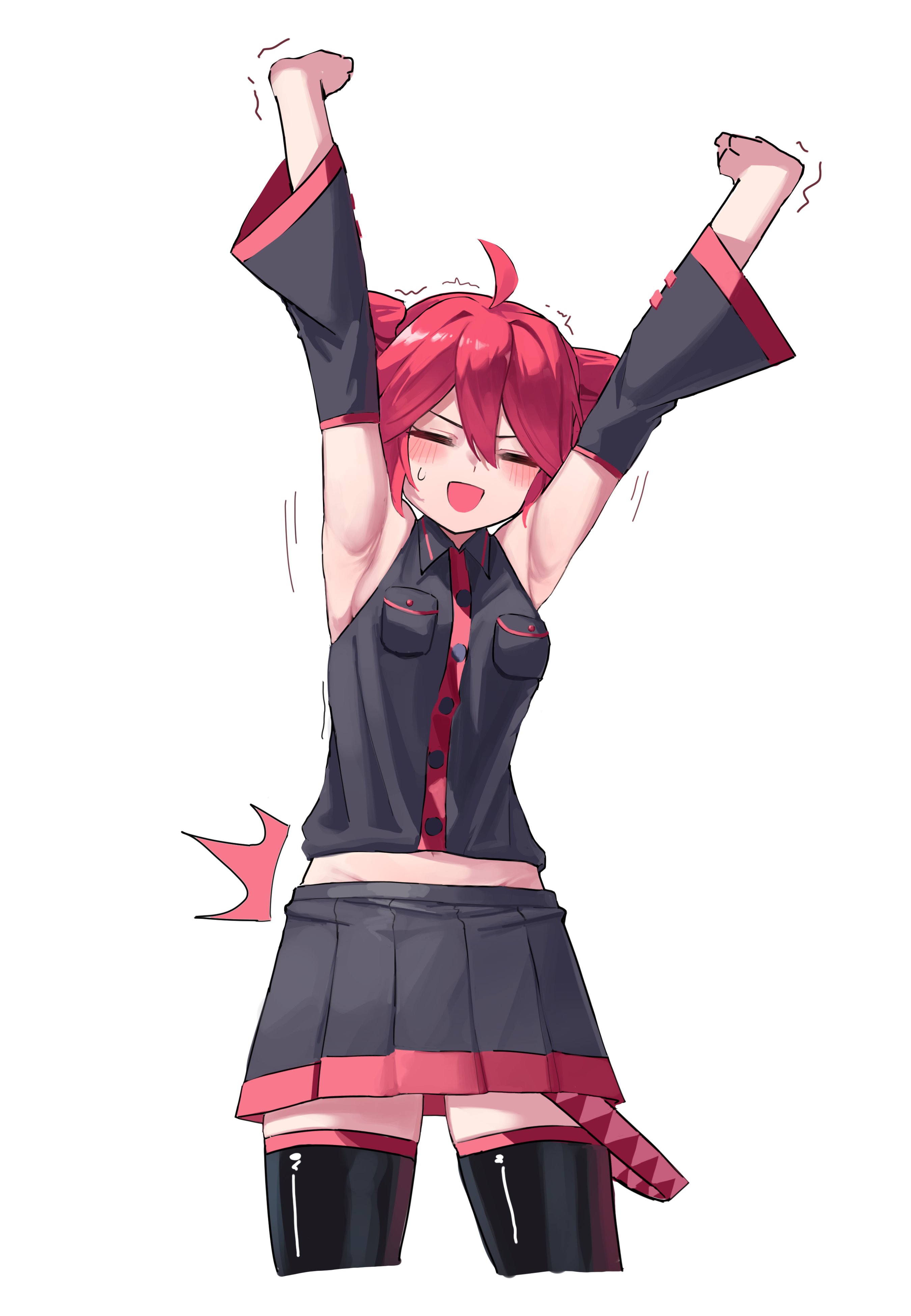 1girl ^^^ absurdres ahoge armpits arms_up black_shirt black_skirt black_sleeves black_thighhighs blush breasts commentary_request cramp cropped_legs detached_sleeves drill_hair facing_viewer highres hu2924 kasane_teto kasane_teto_(utau) long_sleeves medium_breasts midriff miniskirt pleated_skirt red_hair shirt short_hair sideboob simple_background skirt sleeveless sleeveless_shirt smile solo stretching thighhighs trembling twin_drills utau v-shaped_eyebrows white_background