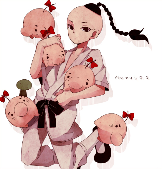 1boy 5others belt black_belt black_footwear bow braid brown_eyes doseisan holding long_hair looking_at_viewer mother_(series) mother_2 multiple_others nintendo poo_(mother_2) saku_anna tenda_(mother) whiskers