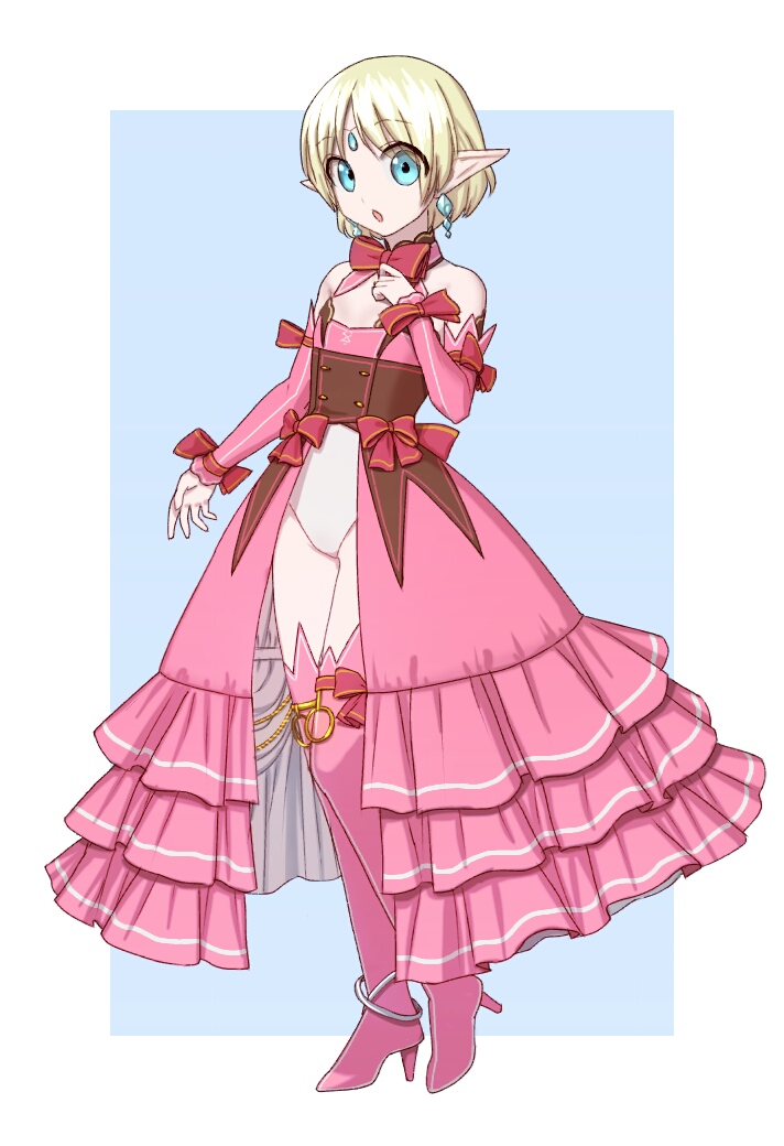 1girl blonde_hair blue_eyes cosplay earrings elf female_focus flat_chest full_body jewelry juno_bernal kaku-san-sei_million_arthur looking_at_viewer million_arthur_(series) open_mouth pointy_ears pop-up_story romu_(rara441423) solo utahime_arthur utahime_arthur_(cosplay)