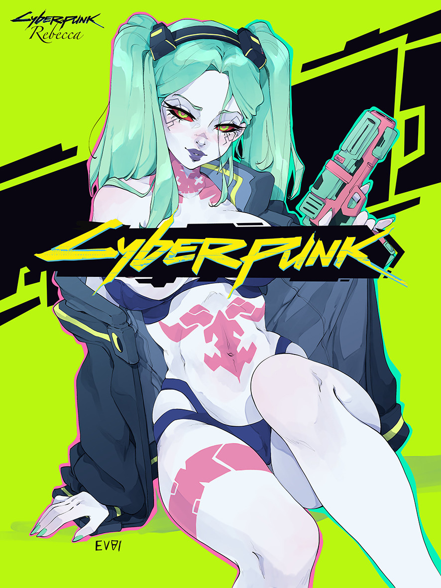 artificial_eye bra character_name colored_sclera colored_skin commentary copyright_name cyberpunk_(series) cyberpunk_edgerunners cyborg emmanuel_viola english_commentary green_background grey_hair gun handgun headband holding holding_gun holding_weapon leg_tattoo lipstick looking_at_viewer makeup mechanical_eye neck_tattoo off_shoulder panties pink_tattoo rebecca_(cyberpunk) red_pupils red_sclera samurai_jacket_(cyberpunk) signature sitting stomach_tattoo strapless strapless_bra tattoo twintails two-tone_background underwear weapon white_skin yellow_eyes