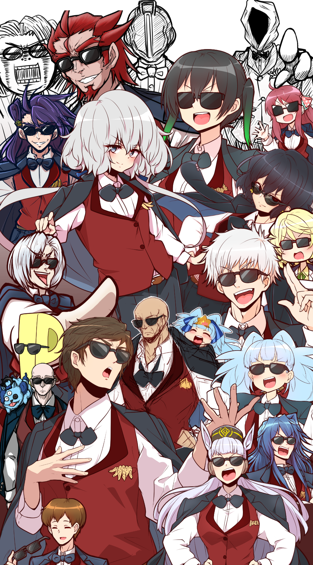 6+boys 6+girls arknights bald blonde_hair blue_hair bow bowtie brown_hair character_request clenched_teeth commentary_request copyright_request cosplay doctor_(arknights) go_takeo gojou_satoru highres hoshikawa_lily idolmaster jacket jacket_on_shoulders jujutsu_kaisen konno_junko long_hair looking_at_viewer love_live! love_live!_nijigasaki_high_school_idol_club minamoto_sakura mizuno_ai multicolored_hair multiple_boys multiple_girls open_mouth producer_(idolmaster) purple_hair short_hair smile sunglasses takasaki_yu tatsumi_koutarou tatsumi_koutarou_(cosplay) teeth umamusume yonedatomo_mizu zombie_land_saga