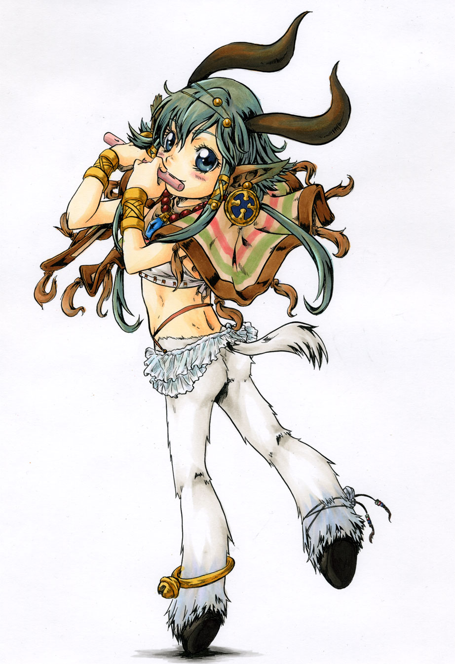 11ban aht animal_ears anklet ass atlus bottomless bracelet cloak earrings flute green_eyes green_hair highres hooves horns instrument jewelry long_hair monster_girl radiant_historia satyr solo tail