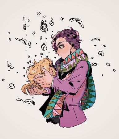 1boy blonde_hair bubble dio_brando from_side holding_detached_head jojo_no_kimyou_na_bouken jonathan_joestar long_sleeves lowres male_focus motunikomi purple_hair scarf severed_head