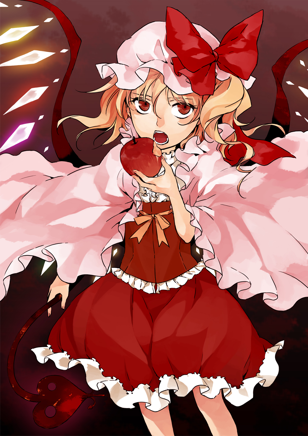 1girl apple blonde_hair female_focus flandre_scarlet food fruit hat highres itsu ponytail red_eyes ritz_(h322) short_hair side_ponytail solo embodiment_of_scarlet_devil touhou wings