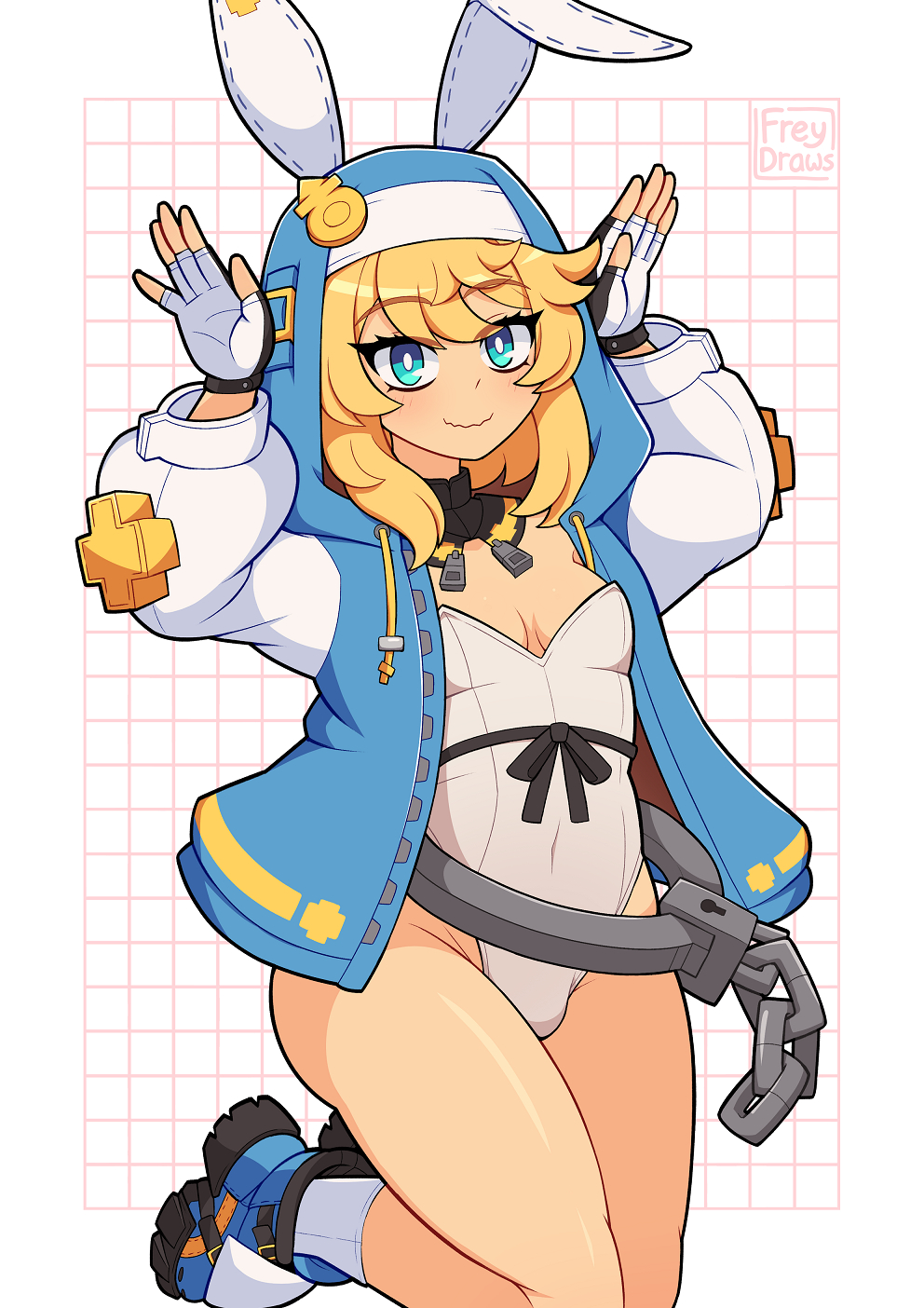 1boy adapted_costume androgyne_symbol animal_ears artist_name black_collar black_sash blonde_hair blue_eyes blue_jacket breasts bridget_(guilty_gear) bulge chain closed_mouth collar commentary cowboy_shot cross cuffs english_commentary fake_animal_ears fingerless_gloves freydraws gloves grid_background guilty_gear guilty_gear_strive highres hood hooded_jacket jacket leotard long_sleeves looking_at_viewer male_focus male_with_breasts medium_breasts medium_hair pink_background playboy_bunny puffy_long_sleeves puffy_sleeves rabbit_ears rabbit_pose sash shackles smile solo strapless strapless_leotard swept_bangs trap white_background white_gloves white_leotard zipper_pull_tab