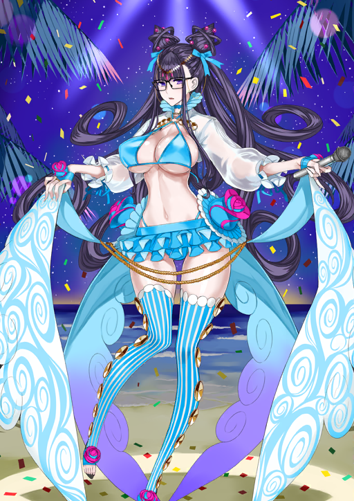 1girl beach bikini bikini_skirt black-framed_eyewear black_sandals blue_bikini blue_choker blue_gloves blue_ribbon blue_skirt blue_sky blue_thighhighs breasts center-flap_bangs choker cleavage clothes_lift confetti criss-cross_halter curvy double_bun fanged_bangs fate/grand_order fate_(series) fingerless_gloves foot_out_of_frame frilled_skirt frills game_cg glasses gloves hair_bun hair_ornament hair_ribbon half_gloves halterneck hands_up high_collar holding holding_microphone honjou_raita horizon large_breasts linea_alba long_hair looking_at_viewer looking_to_the_side microphone microskirt murasaki_shikibu_(fate) murasaki_shikibu_(swimsuit_rider)_(fate) murasaki_shikibu_(swimsuit_rider)_(third_ascension)_(fate) navel night o-ring o-ring_bikini o-ring_top ocean official_art overskirt palm_tree parted_lips purple_eyes purple_hair rectangular_eyewear ribbon sand sandals see-through_shrug shrug_(clothing) skirt skirt_lift sky solo spaghetti_strap stomach swimsuit thighhighs third-party_source three-quarter_sleeves toeless_legwear toes tree underboob variant_set very_long_hair white_shrug