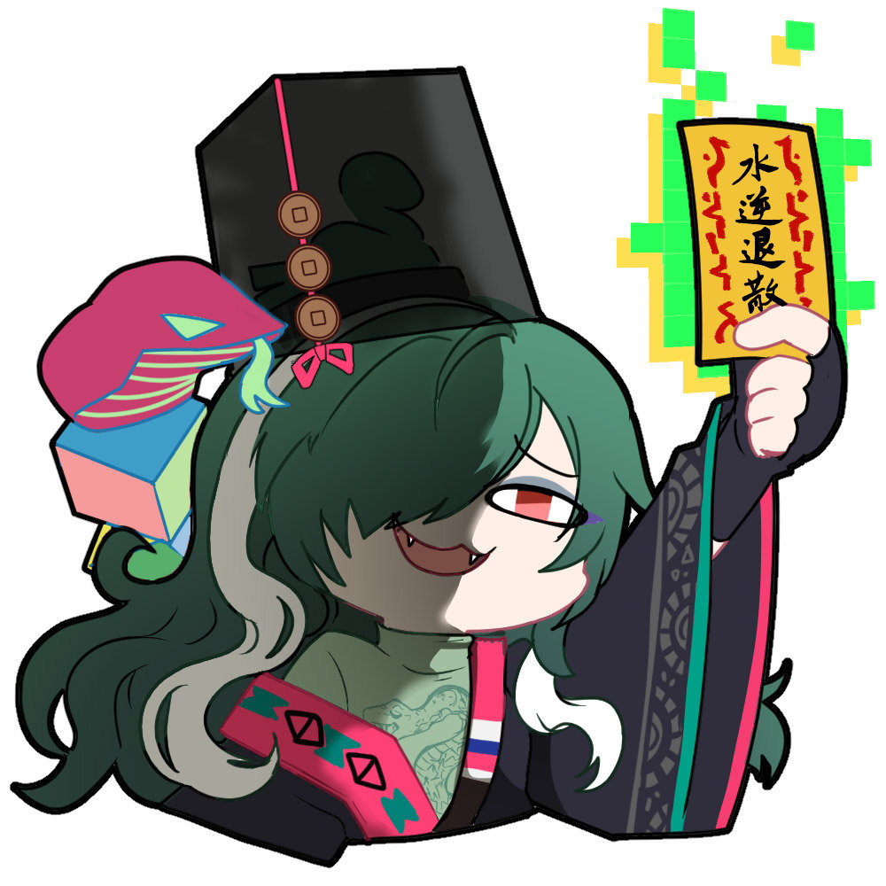 &lt;|&gt;_&lt;|&gt; 1girl artist_request black_hat black_robe chibi chibi_only chinese_commentary fingerless_gloves girls&#039;_frontline girls&#039;_frontline_neural_cloud gloves green_hair green_shirt hair_over_one_eye hat official_art red_eyes robe second-party_source shirt snake talisman taoism white_hair zangyin_(neural_cloud)