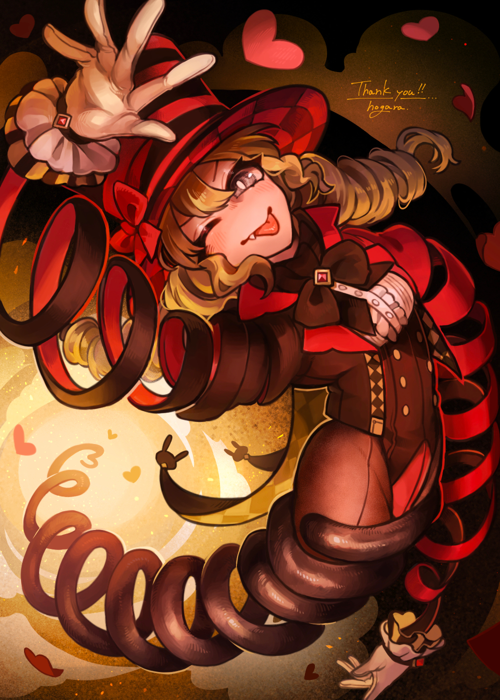1girl blonde_hair brown_coat coat coattails commentary_request commission drill_hair fang fang_out full_body gloves grey_eyes hat heart highres hogara long_hair looking_at_viewer no_feet one_eye_closed original red_hat skeb_commission solo spring_(object) tongue tongue_out top_hat twin_drills yellow_background