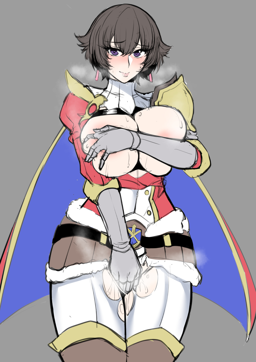 1girl armor black_hair blush breasts breasts_out cape covering_breasts covering_crotch covering_privates cowboy_shot crotchless fiorayne_(monster_hunter) gauntlets grey_background highres large_breasts lc_7v2 lips looking_at_viewer monster_hunter_(series) purple_eyes reverse_bikini_armor reverse_outfit short_hair shoulder_armor simple_background smile solo steam sweat