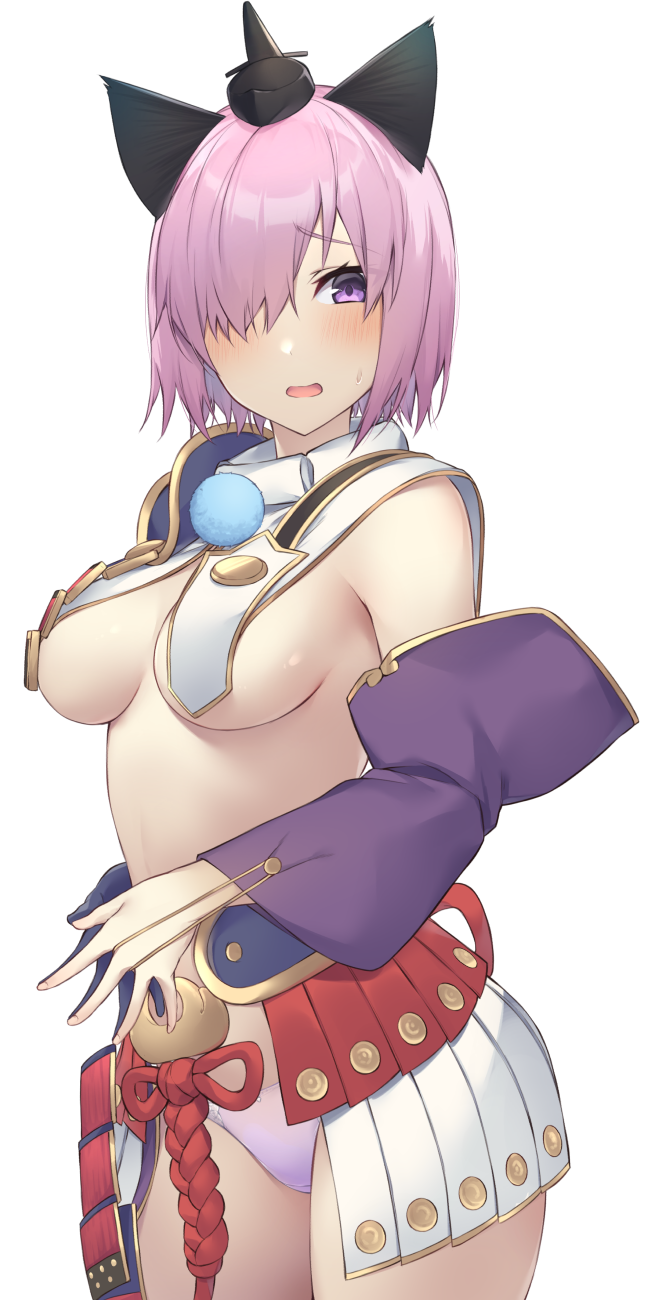 1girl armor asymmetrical_sleeves breast_curtains breasts cosplay detached_sleeves fate/grand_order fate_(series) hair_ornament hair_over_one_eye hat highres japanese_armor light_purple_hair long_sleeves looking_at_viewer mash_kyrielight medium_breasts mismatched_sleeves open_mouth panties pink_panties pinta_(ayashii_bochi) purple_eyes short_hair sideboob simple_background solo thighs underwear ushiwakamaru_(fate) ushiwakamaru_(fate)_(cosplay) white_background