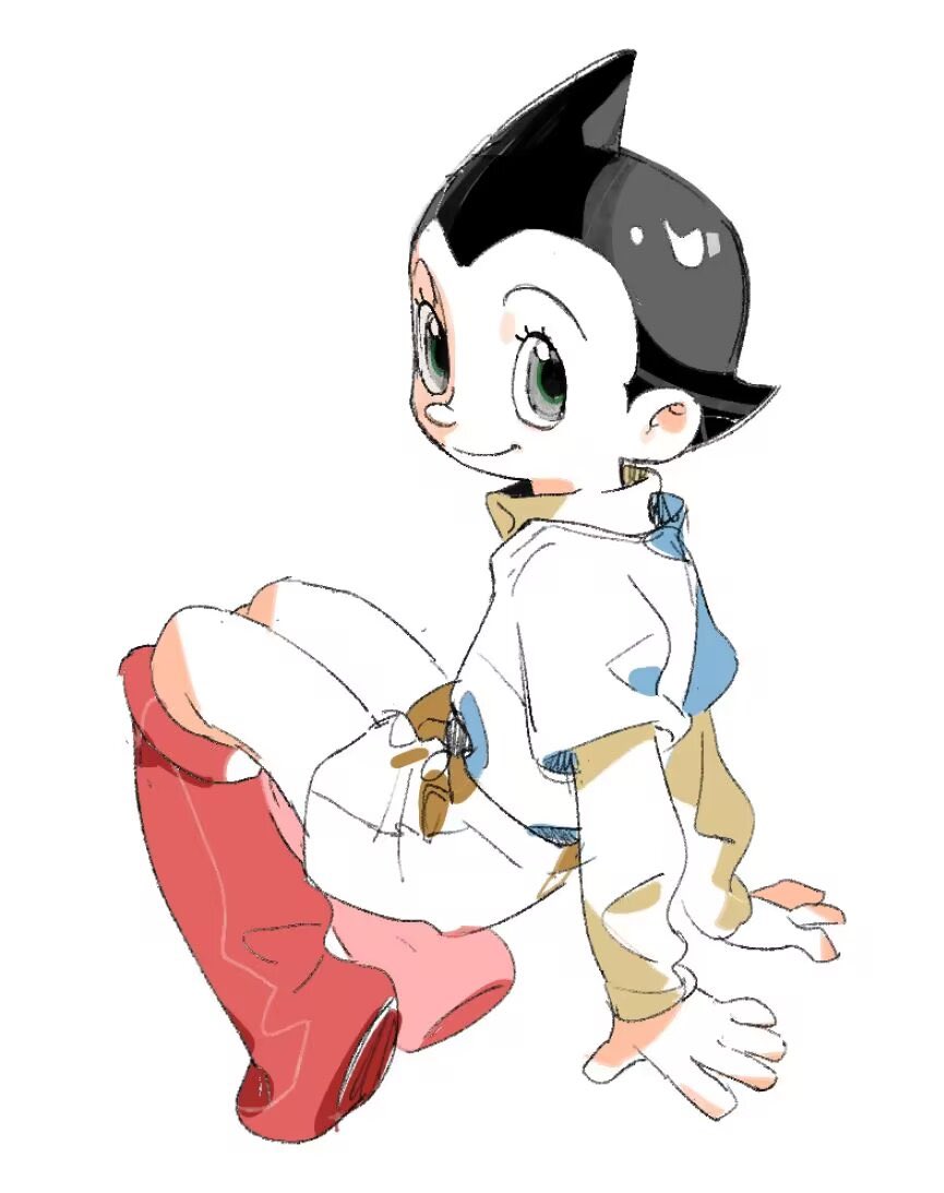 1boy atom_(tetsuwan_atom) black_hair boots closed_mouth collared_shirt crew_neck eyelashes full_body grey_eyes hiroyukiiii1 layered_clothes layered_sleeves long_sleeves looking_back male_focus shirt short_over_long_sleeves short_sleeves shorts simple_background smile solo tetsuwan_atom white_background white_shirt yellow_shirt
