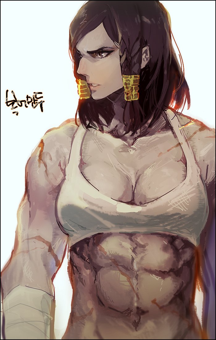 1girl abs bad_id bad_twitter_id bandaged_arm bandages braid breasts brown_hair cleavage cowboy_shot dark-skinned_female dark_skin female_focus hair_tubes long_hair looking_to_the_side muscular muscular_female naye overwatch overwatch_1 parted_lips pharah_(overwatch) scar side_braid solo sports_bra tank_top upper_body yellow_eyes