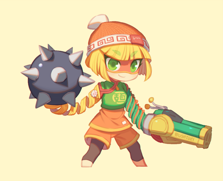 1girl arms_(game) beanie blonde_hair dragon_(arms) eye_mask green_eyes hat min_min_(arms) short_hair wusagi2