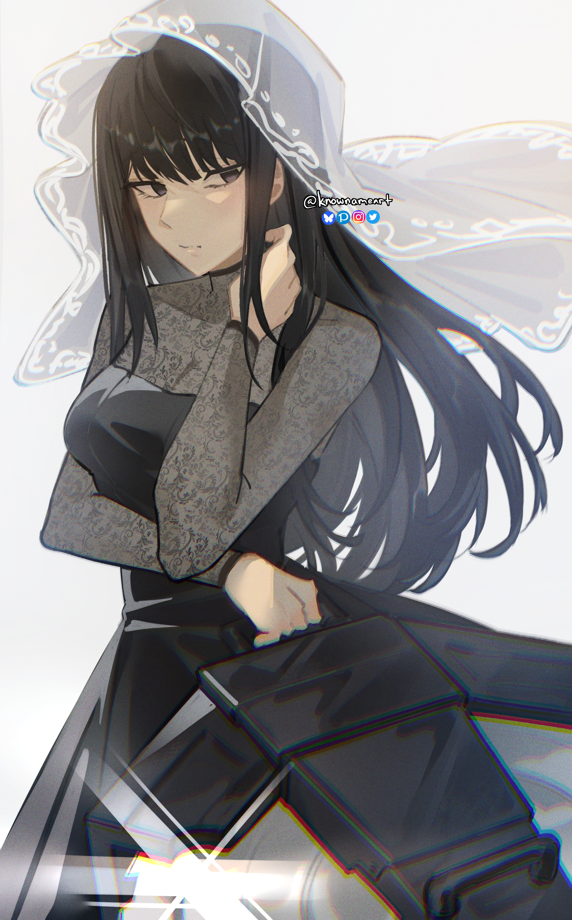 1girl absurdres black_dress black_eyes black_hair bluesky_logo dress glint grey_background highres holding holding_saw holding_weapon instagram_logo knowname lace lace_dress lace_sleeves long_hair osaragi_(sakamoto_days) sakamoto_days saw see-through_clothes see-through_veil solo twitter_logo twitter_username veil weapon