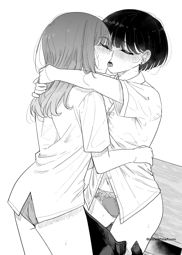 2girls arms_around_neck artist_name ass blush closed_eyes clothes_pull commentary_request ear_blush earrings french_kiss greyscale hair_between_eyes hand_on_another&#039;s_waist jewelry kiss long_hair monochrome multiple_girls navel no_pants original panties partially_unbuttoned short_hair short_sleeves skirt skirt_pull stud_earrings sweat takeshisu teeth tongue twitter_username underwear upper_teeth_only yuri